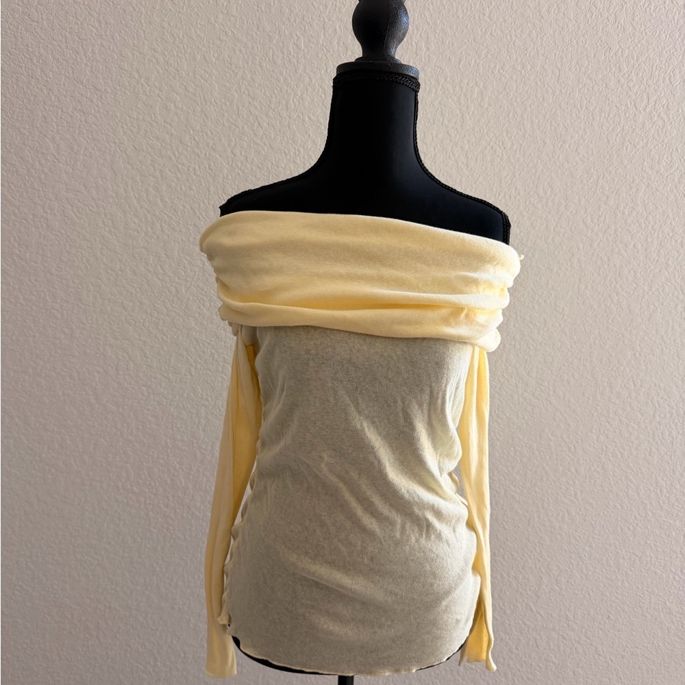 ZARA Soft Light Yellow Off-Shoulder Boat Neck Long Sleeve Top - Picture 2 of 7